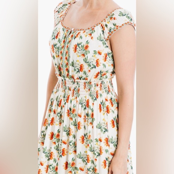 MAX STUDIO - Floral Smocked Maxi Dress White Green and Orange Print Size Small - Picture 3 of 5
